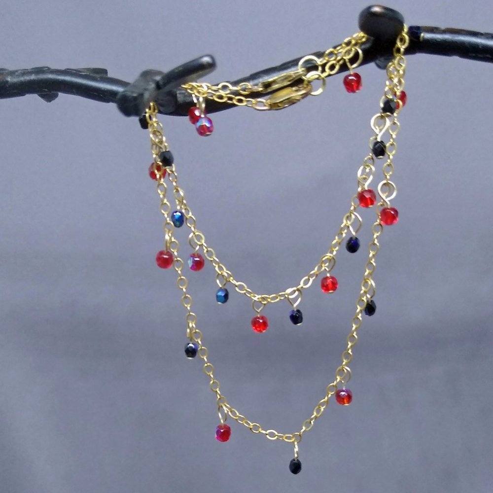 NWOT Bracelet / Anklet Set, Handmade,14k Gold Filled Chain, Red & Black Crystals